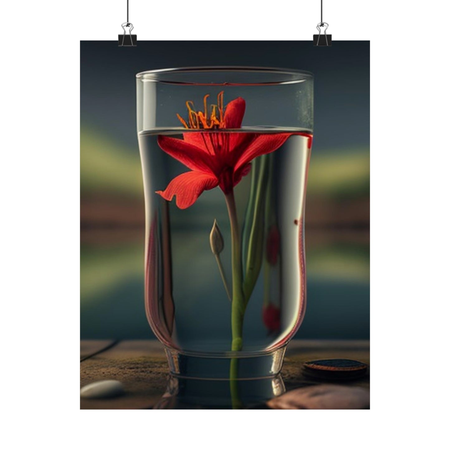 Premium Matte Vertical Posters Red Lily in a Glass vase 1