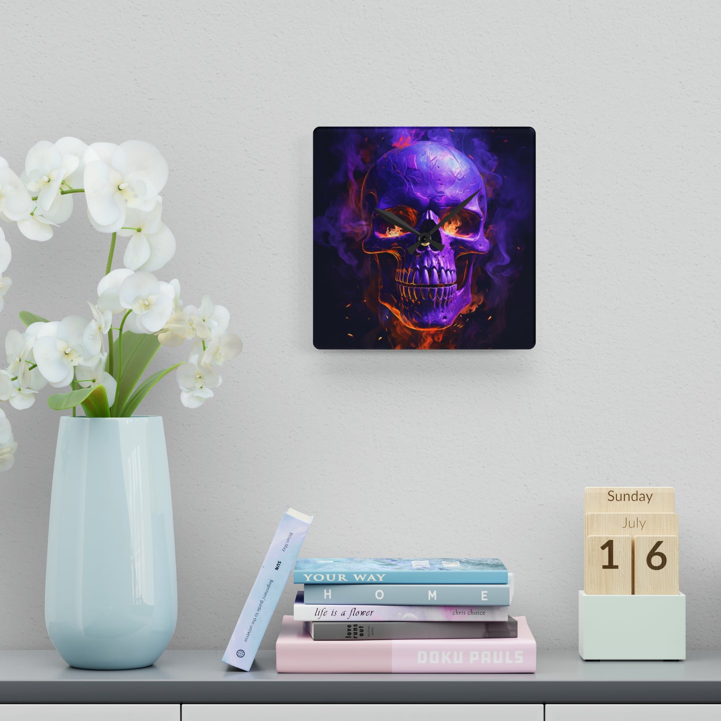 Acrylic Wall Clock Skull Flames 1