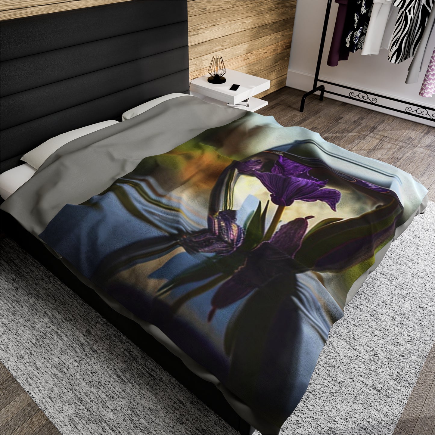 Velveteen Plush Blanket Purple Iris in a vase 3