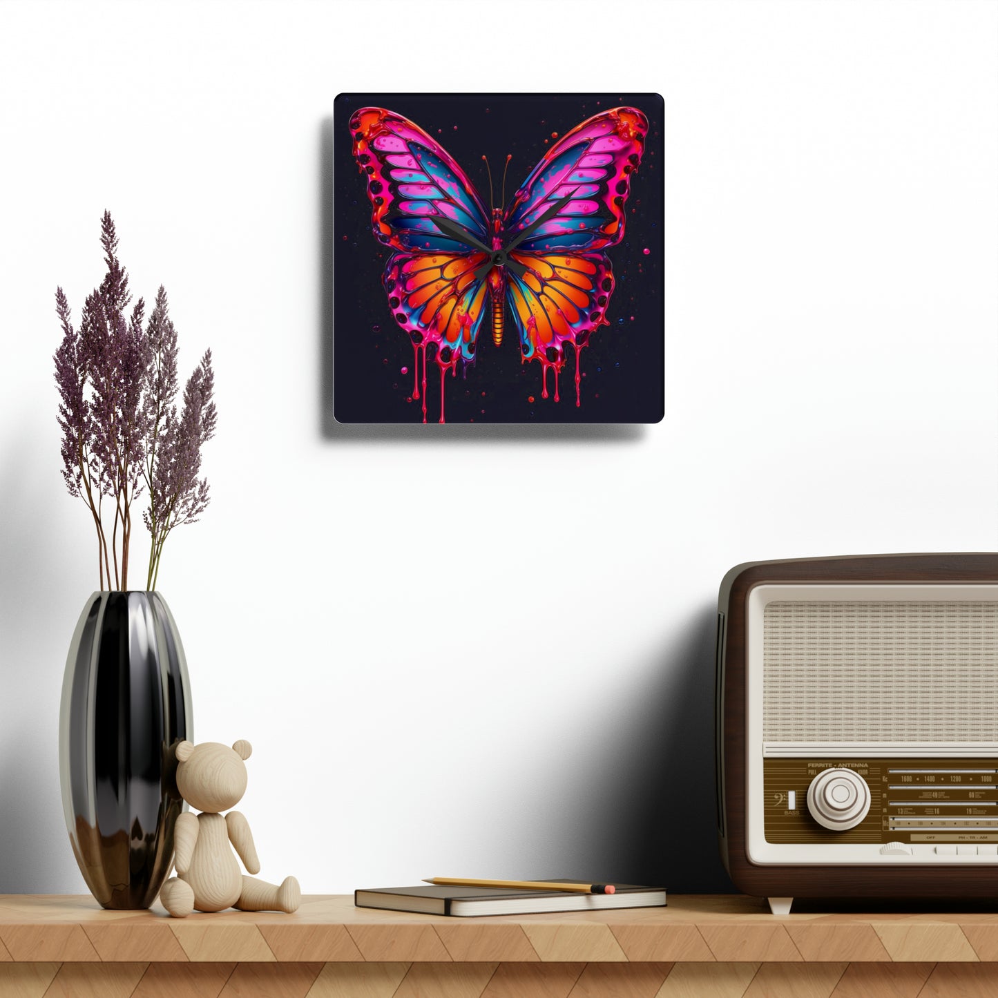 Acrylic Wall Clock Pink Butterfly Flair 1