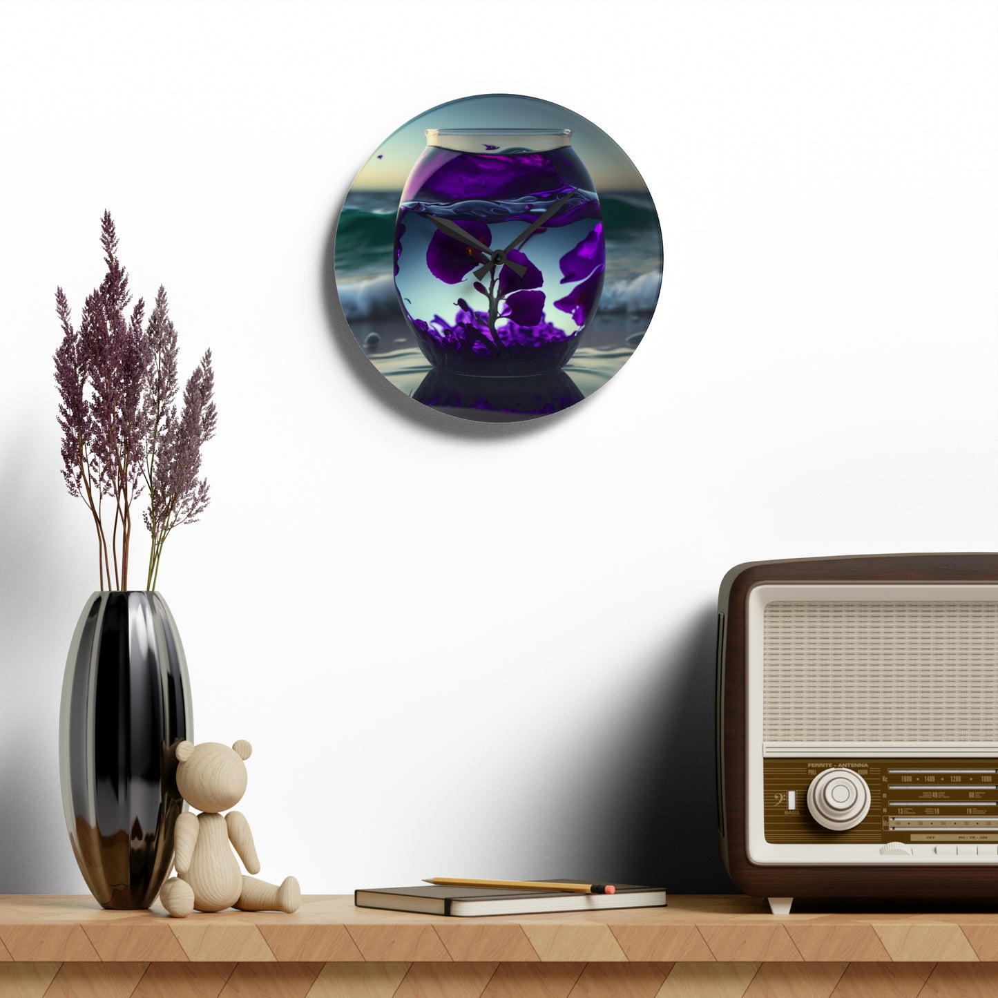 Acrylic Wall Clock Purple Sweet pea in a vase 4