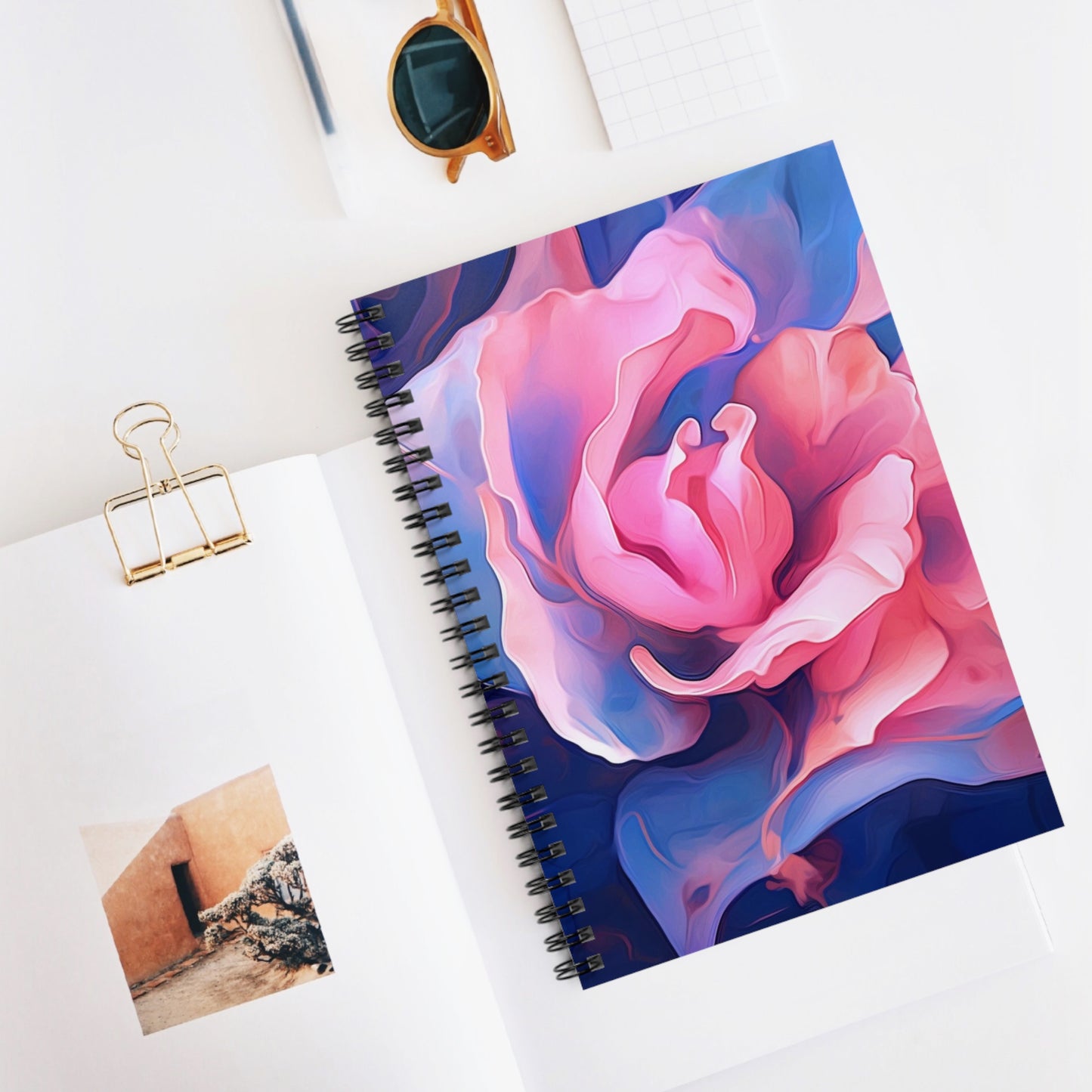 Spiral Notebook - Ruled Line Pink & Blue Tulip Rose 1