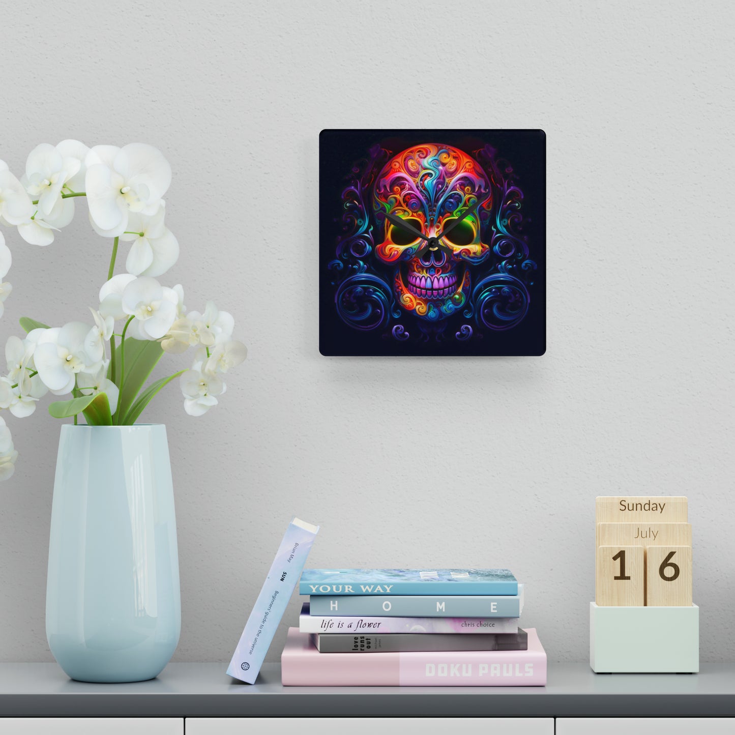 Acrylic Wall Clock Macro Skull Color 2