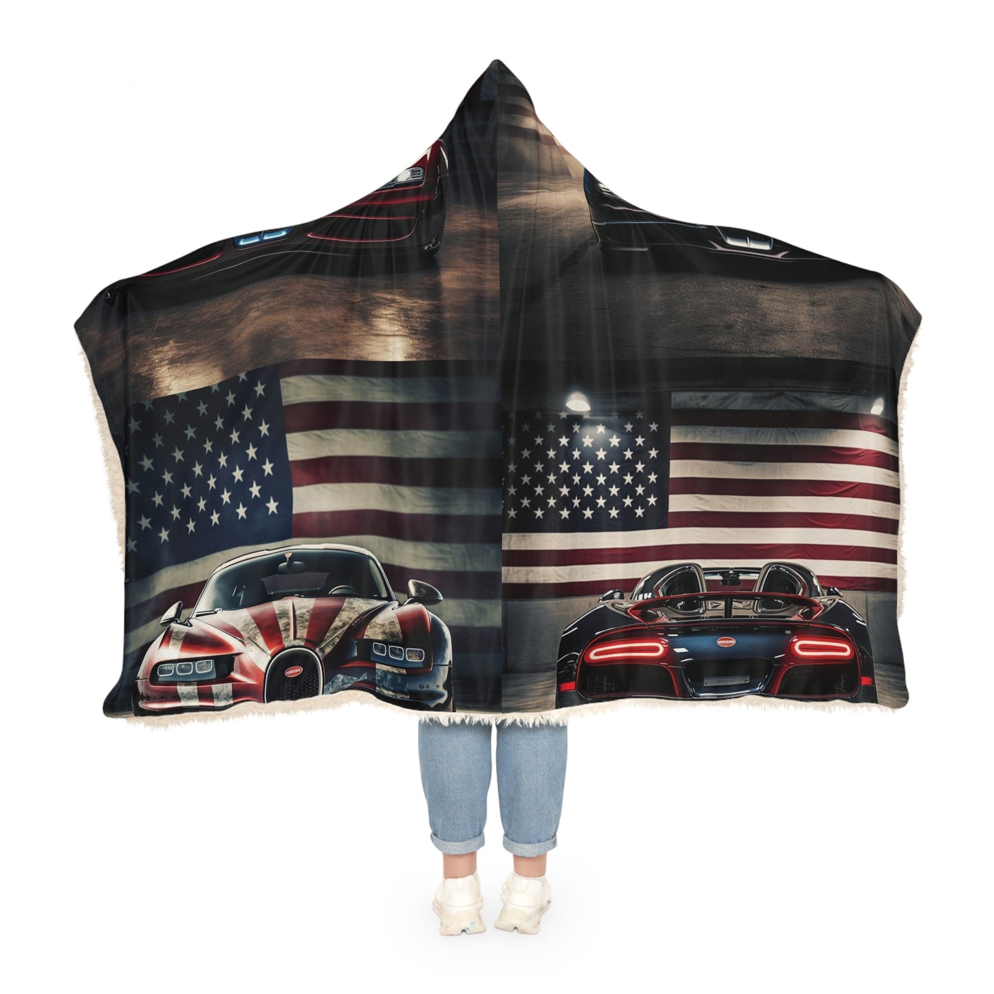 Snuggle Hooded Blanket American Flag Background Bugatti 5