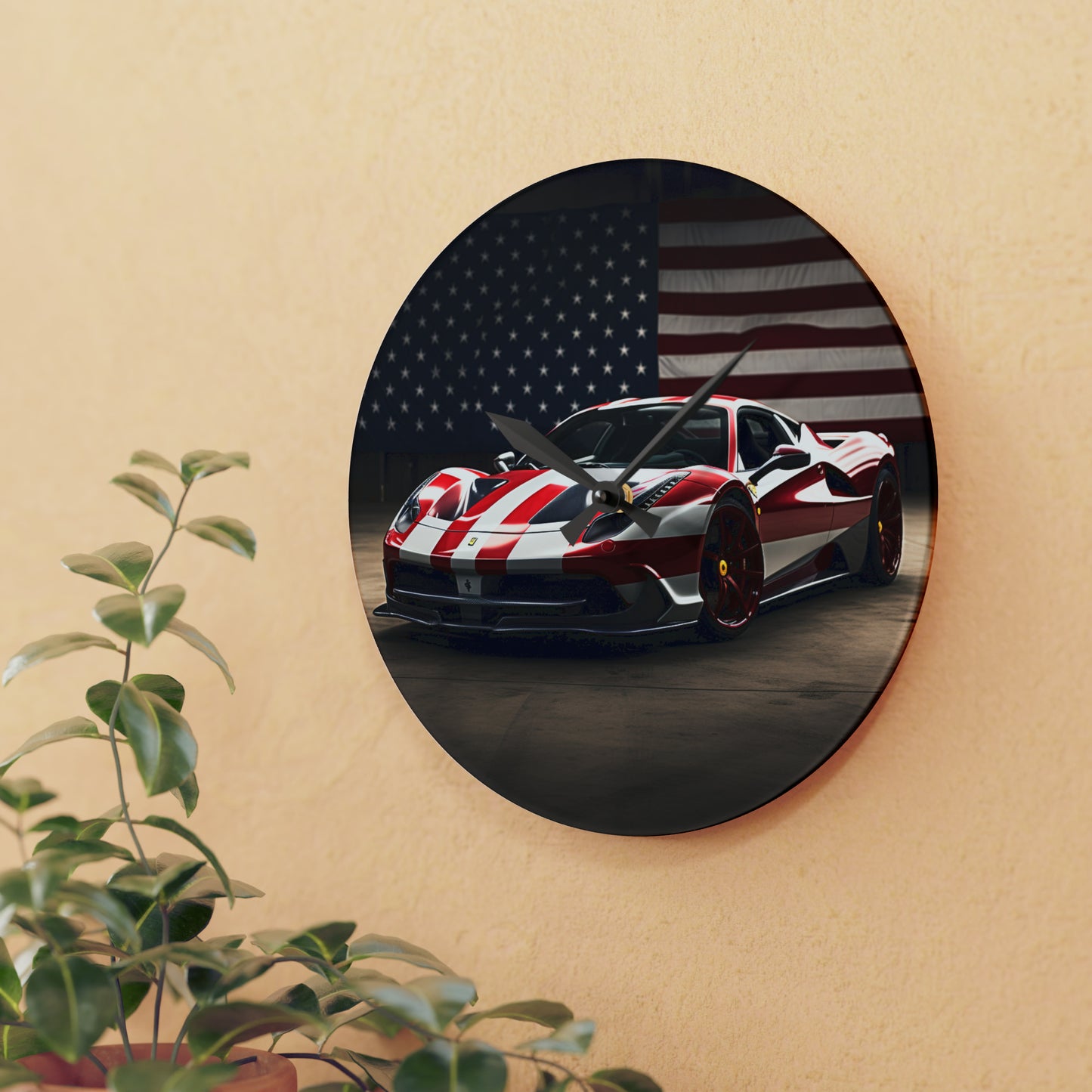 Acrylic Wall Clock American Flag Background Ferrari 2