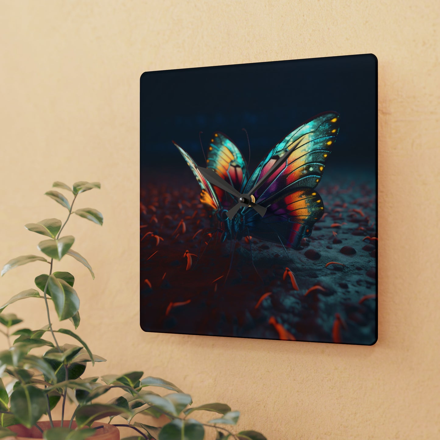 Acrylic Wall Clock Hyper Colorful Butterfly Macro 1