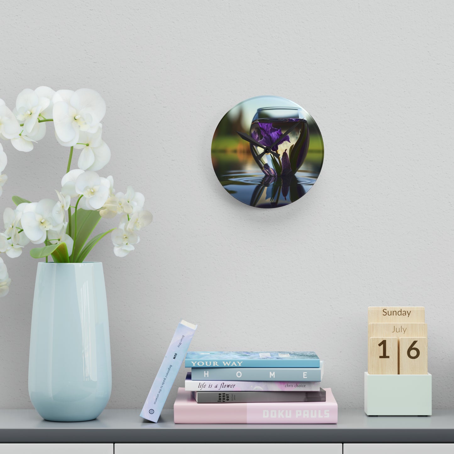 Acrylic Wall Clock Purple Iris in a vase 3