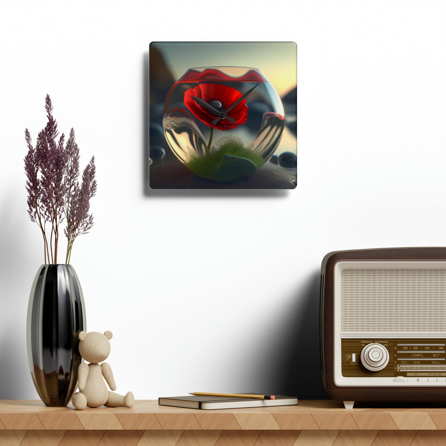 Acrylic Wall Clock Red Anemone in a Vase 3