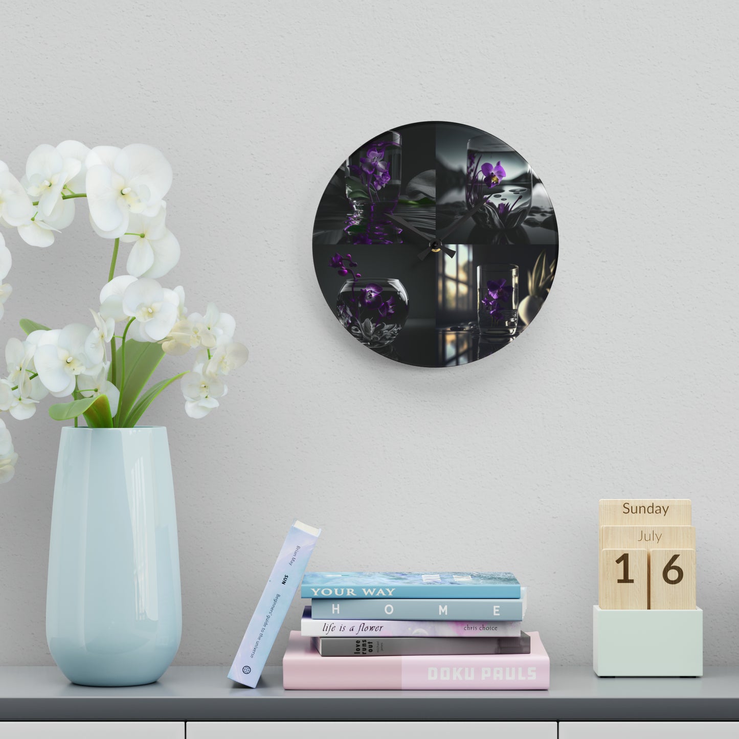 Acrylic Wall Clock Purple Orchid Glass vase 5