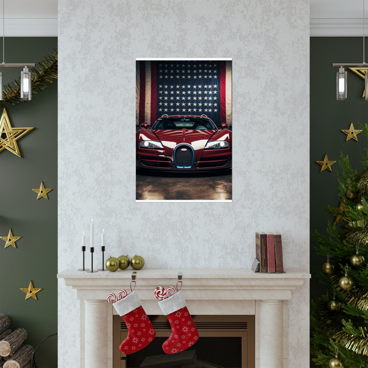 Premium Matte Vertical Posters American Flag Background Bugatti 1