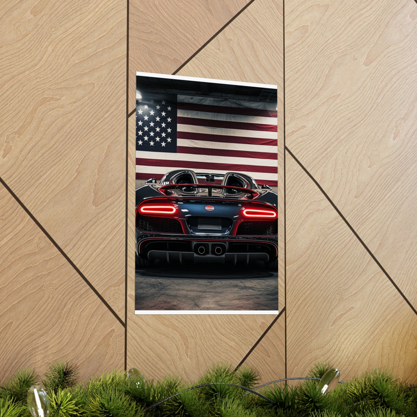 Premium Matte Vertical Posters American Flag Background Bugatti 4