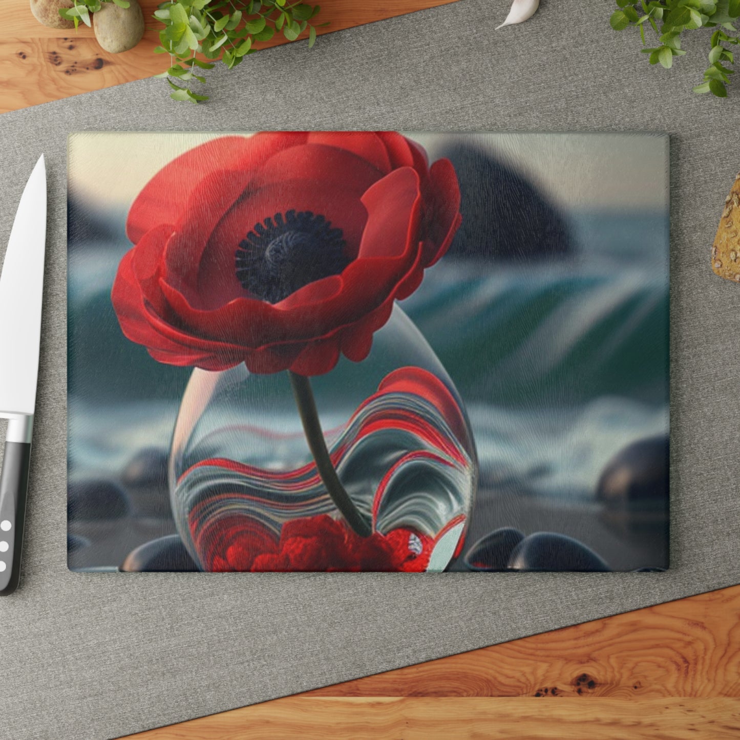 Glass Cutting Board Red Anemone in a Vase 1