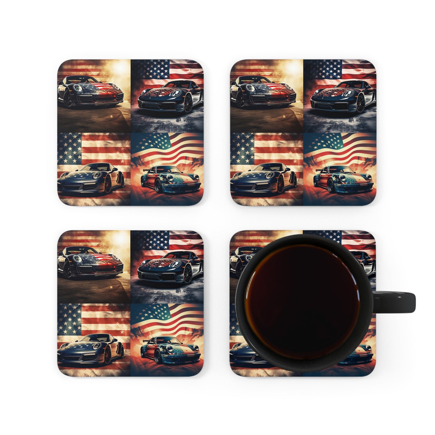 Corkwood Coaster Set Abstract American Flag Background Porsche 5