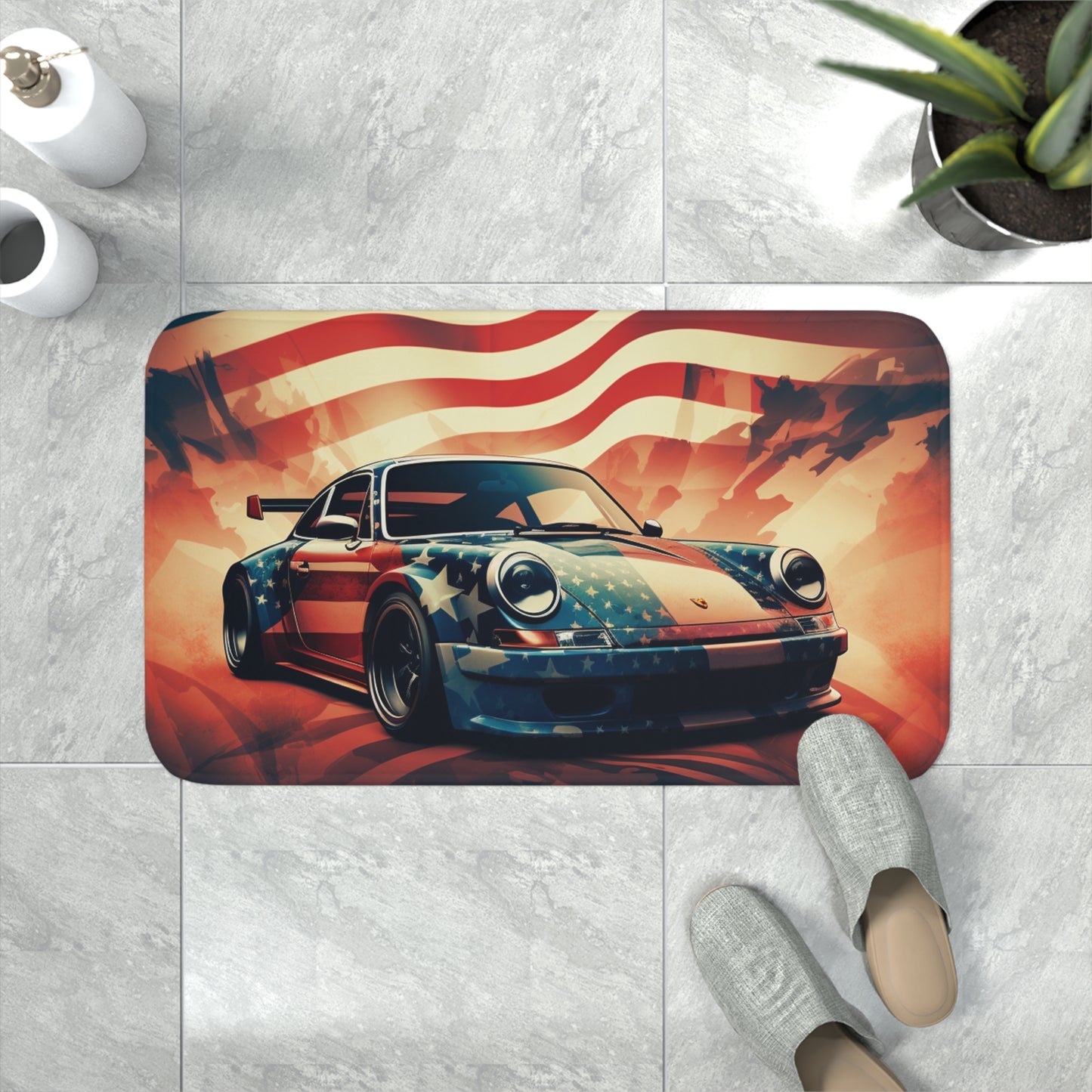 Memory Foam Bath Mat Abstract American Flag Background Porsche 4