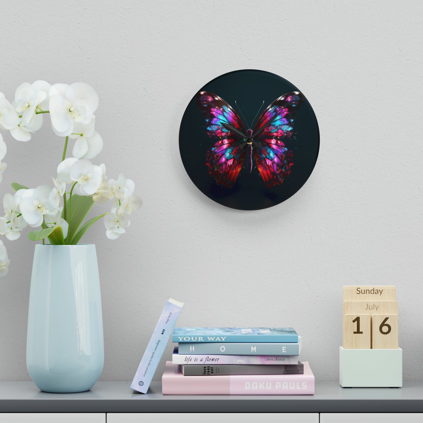 Acrylic Wall Clock Hyper Colorful Butterfly Macro 3