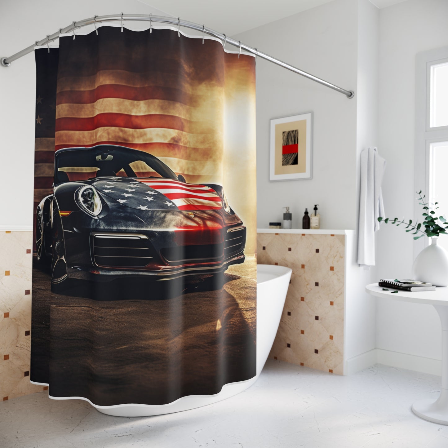 Polyester Shower Curtain Abstract American Flag Background Porsche 1
