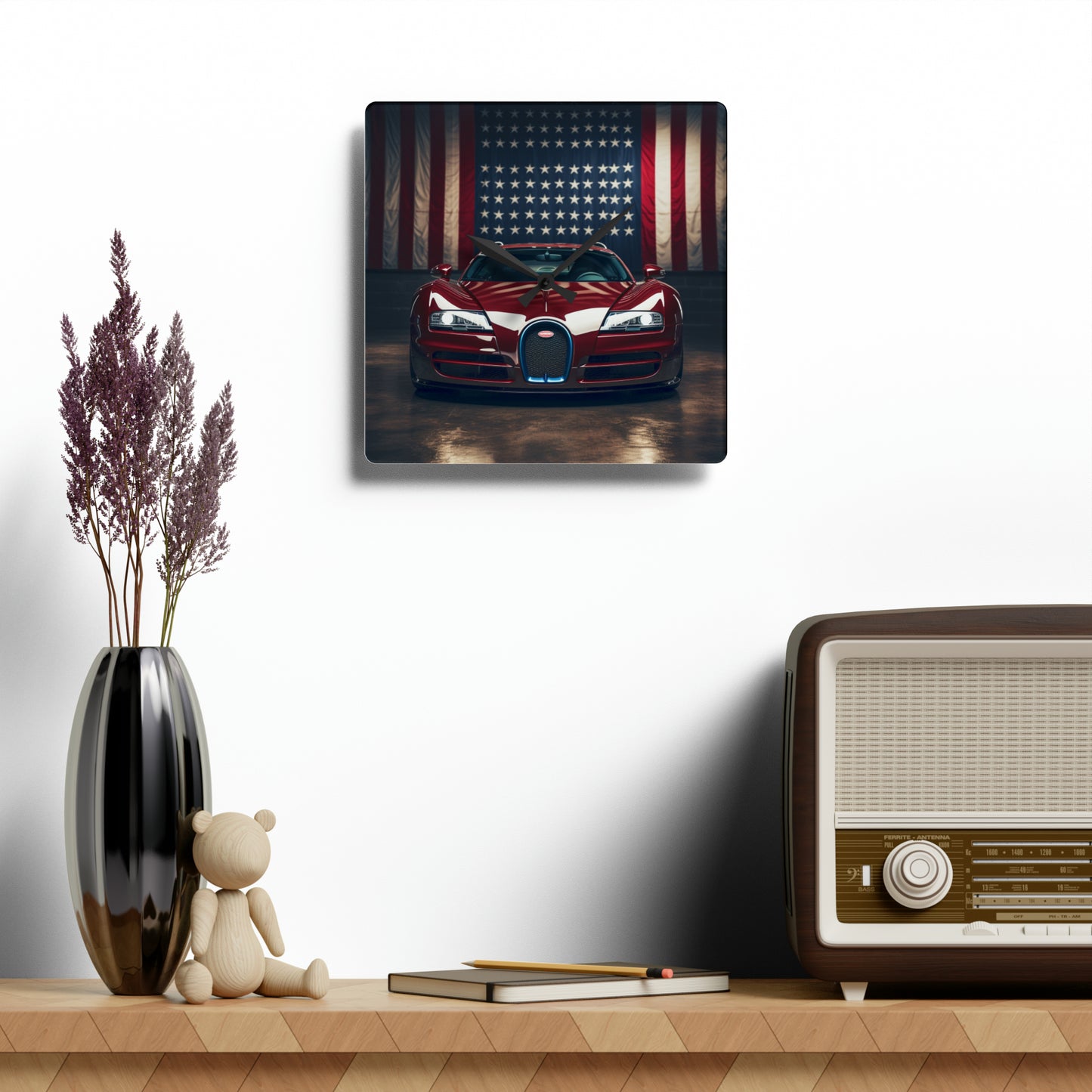 Acrylic Wall Clock American Flag Background Bugatti 1