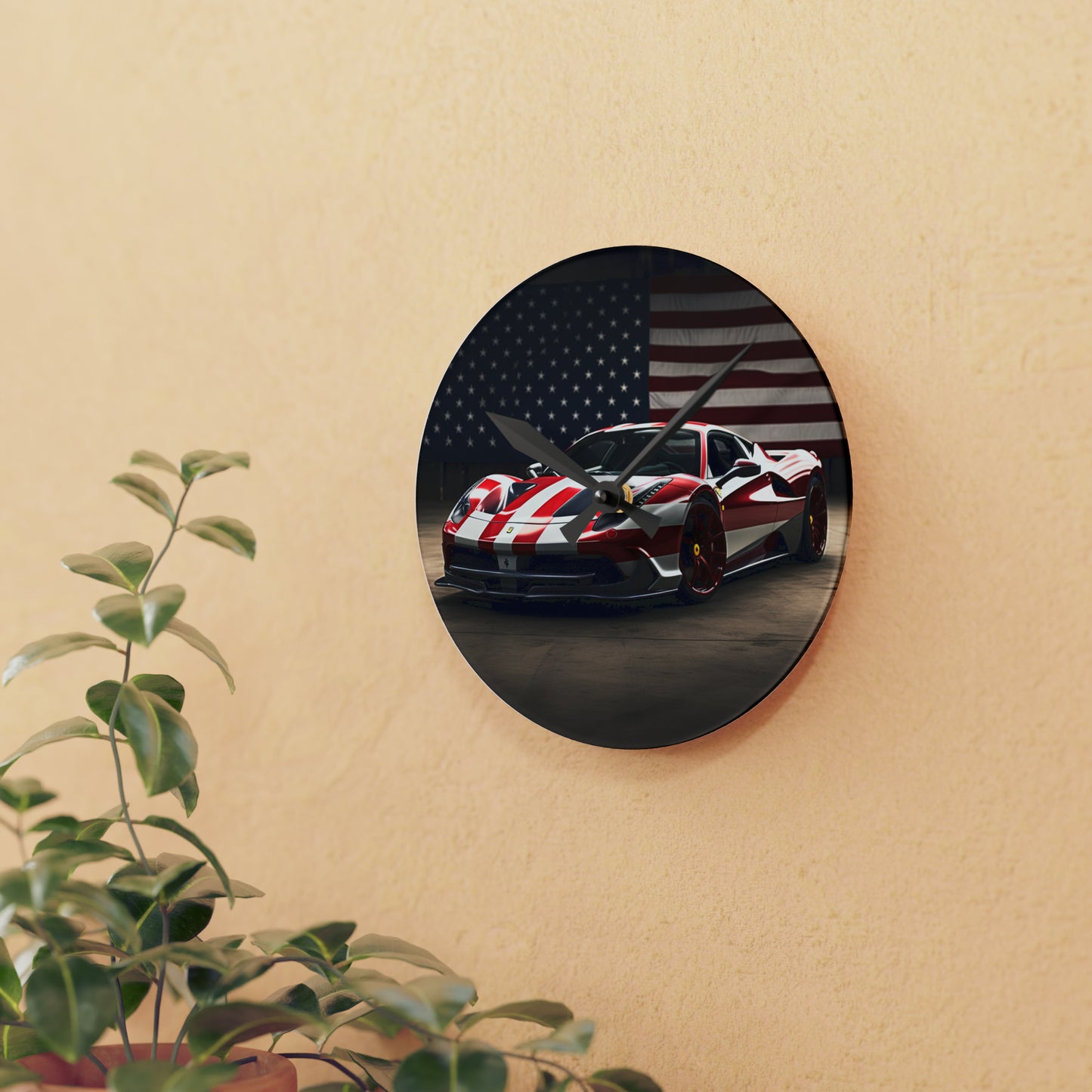 Acrylic Wall Clock American Flag Background Ferrari 2