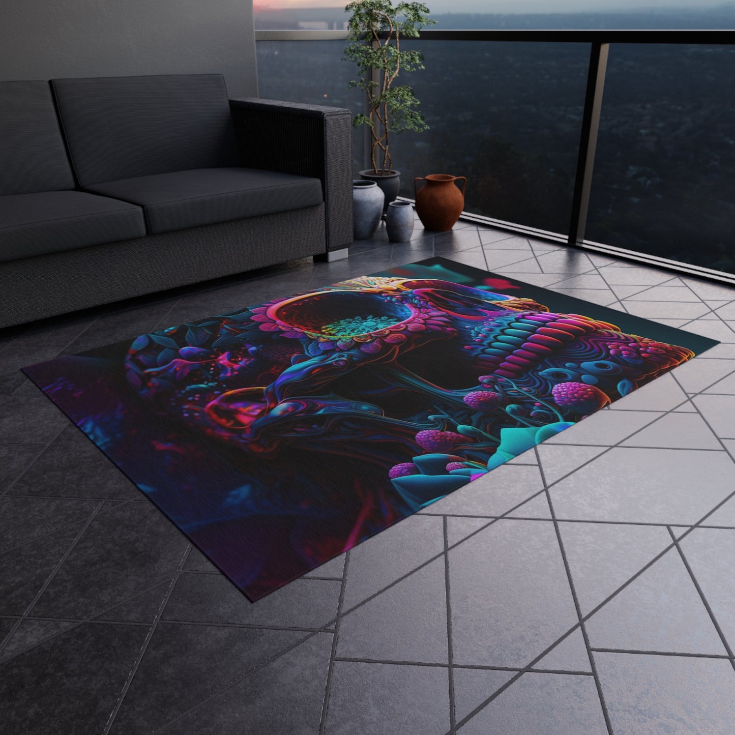 Outdoor Rug  Florescent Skull Death 3