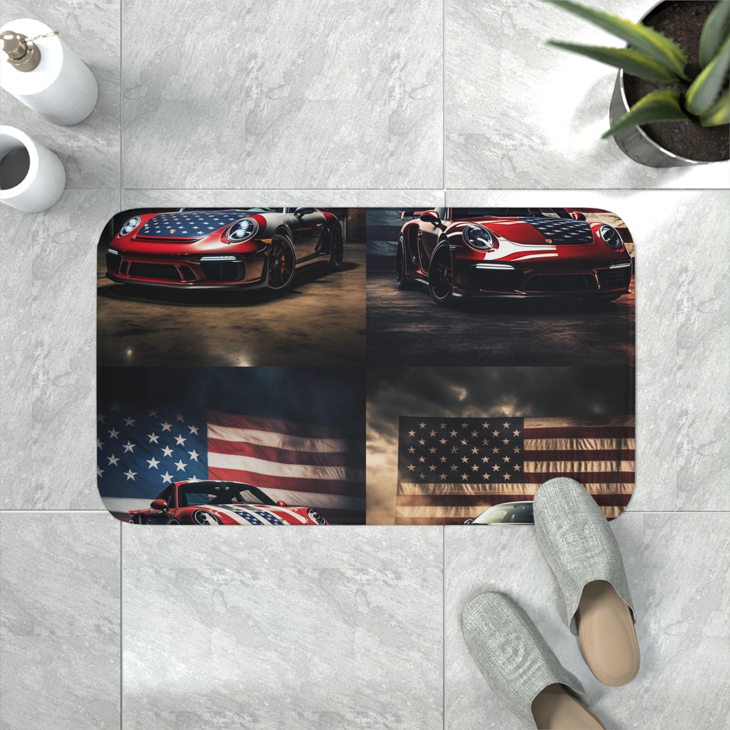 Memory Foam Bath Mat American Flag Background Porsche 5