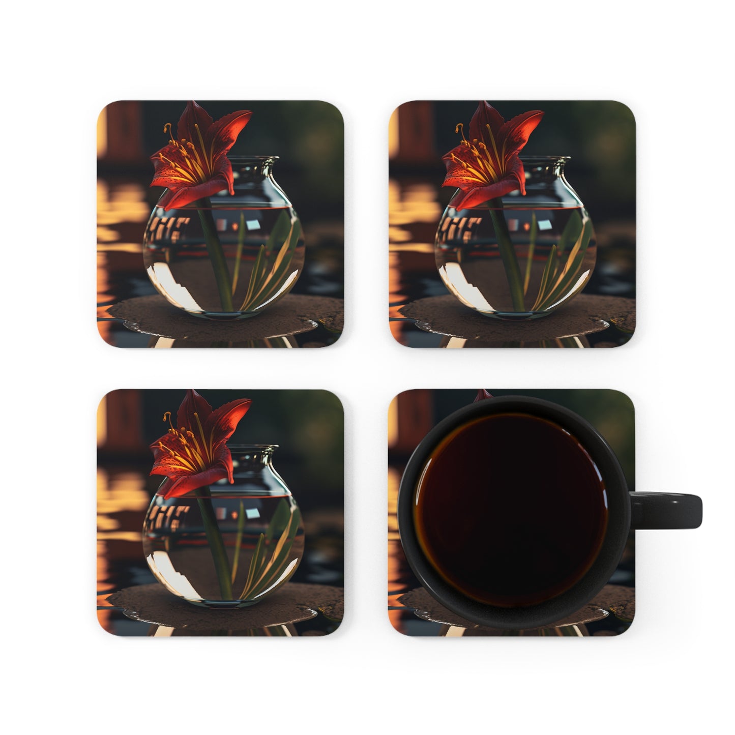 Corkwood Coaster Set Red Lily in a Glass vase 2