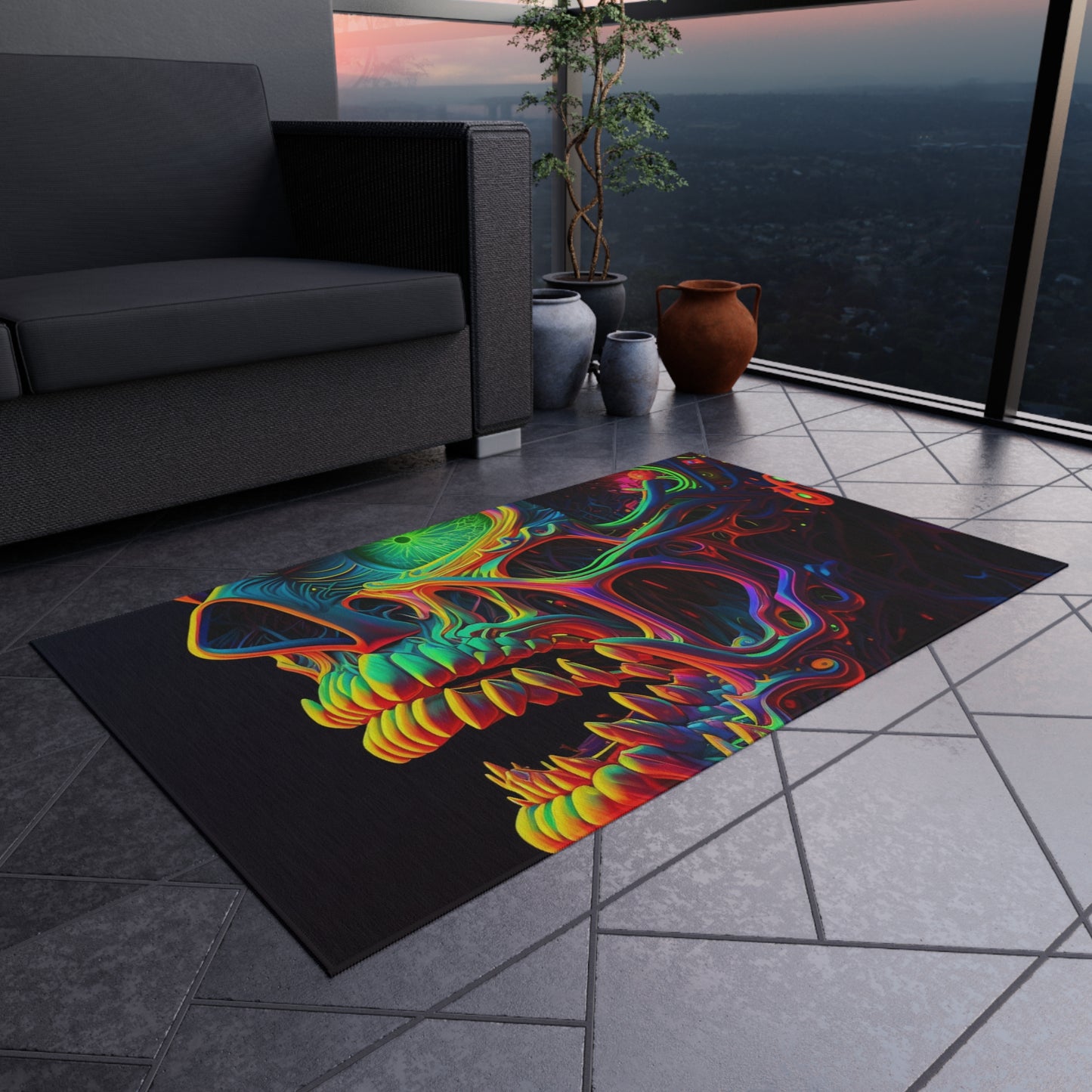 Outdoor Rug  Florescent Skull Death 1