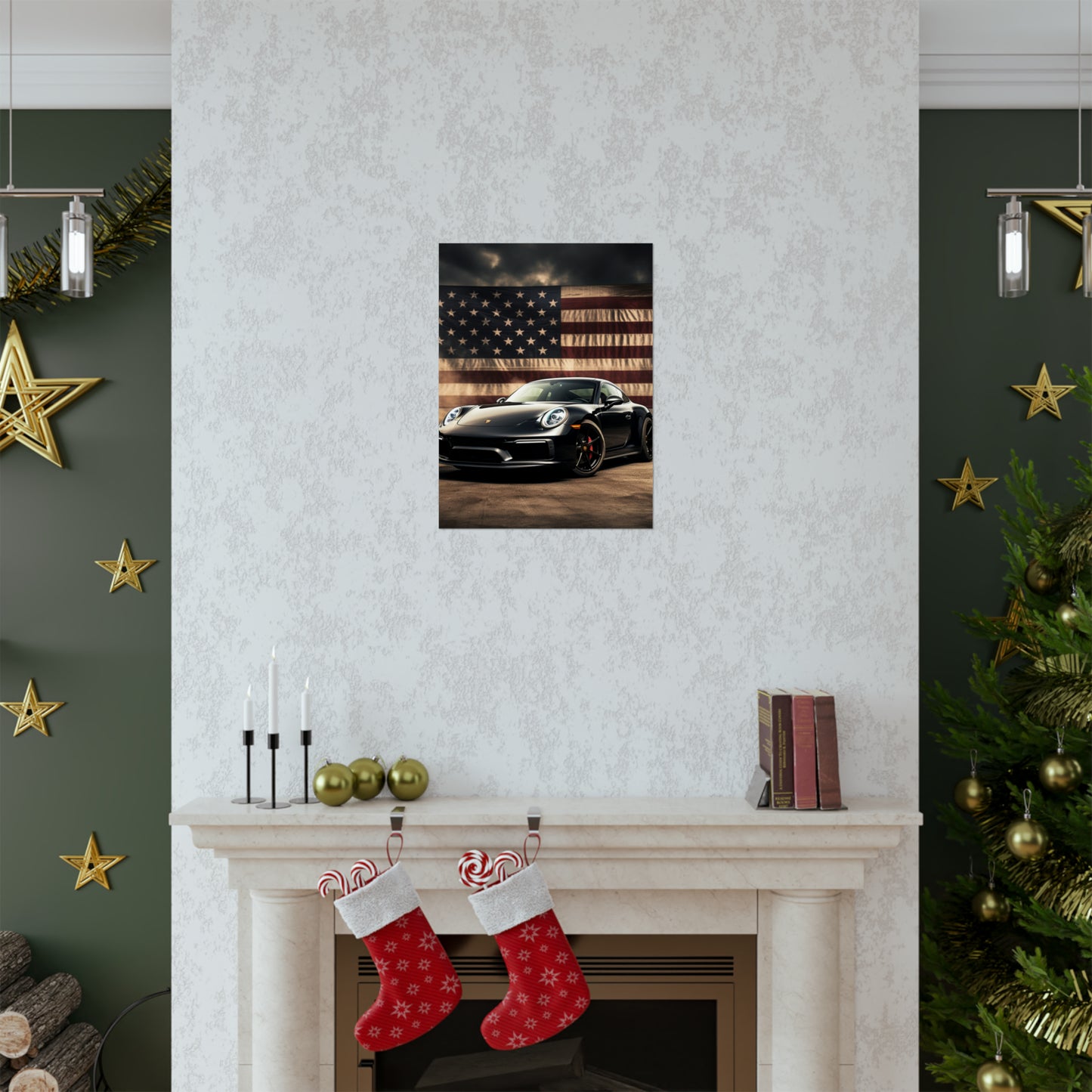 Premium Matte Vertical Posters American Flag Background Porsche 4