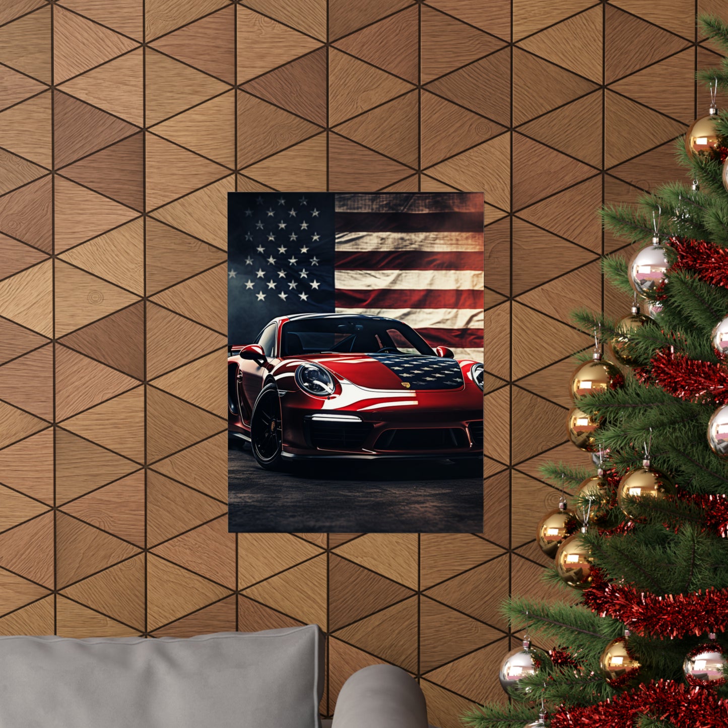Premium Matte Vertical Posters American Flag Background Porsche 2
