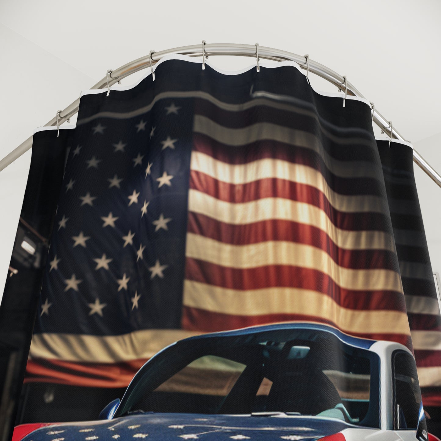 Polyester Shower Curtain American Flag Background Porsche 1