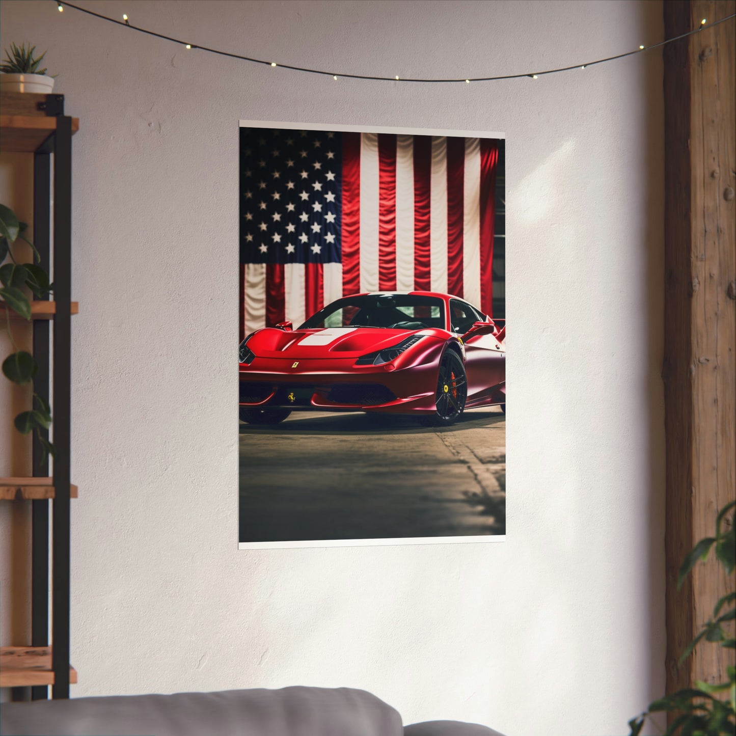 Premium Matte Vertical Posters American Flag Background Ferrari 3