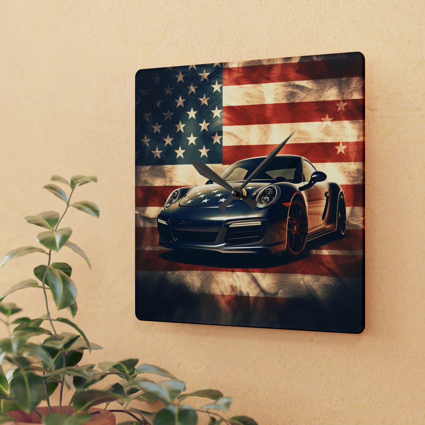 Acrylic Wall Clock Abstract American Flag Background Porsche 3