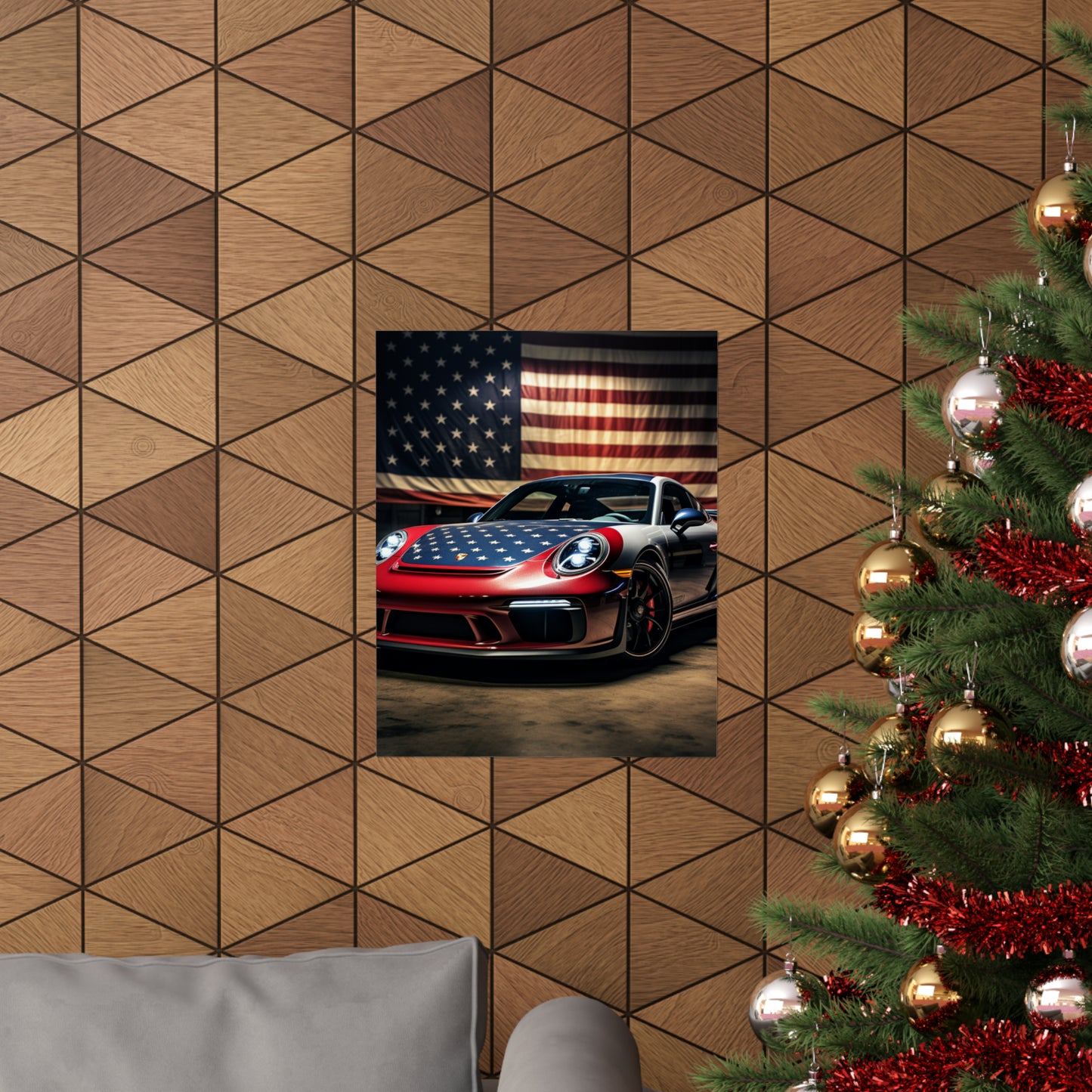 Premium Matte Vertical Posters American Flag Background Porsche 1