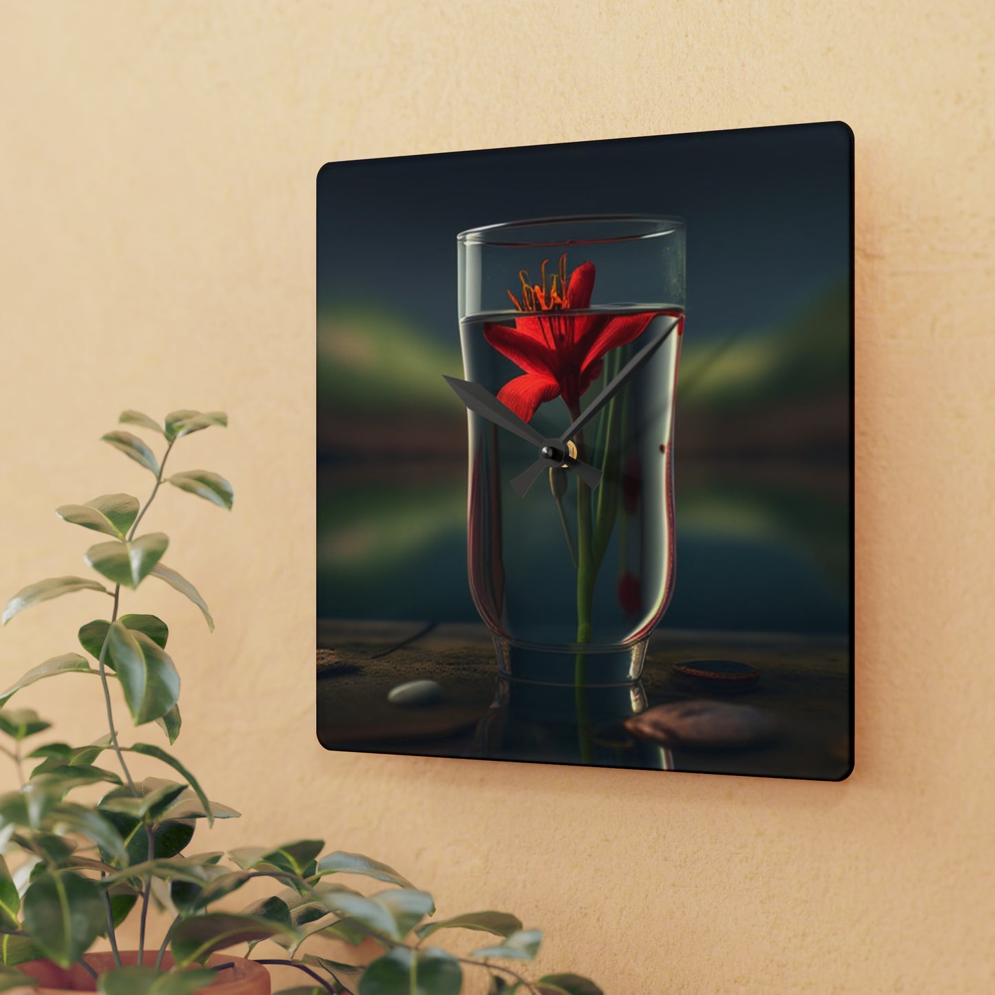 Acrylic Wall Clock Red Lily in a Glass vase 1