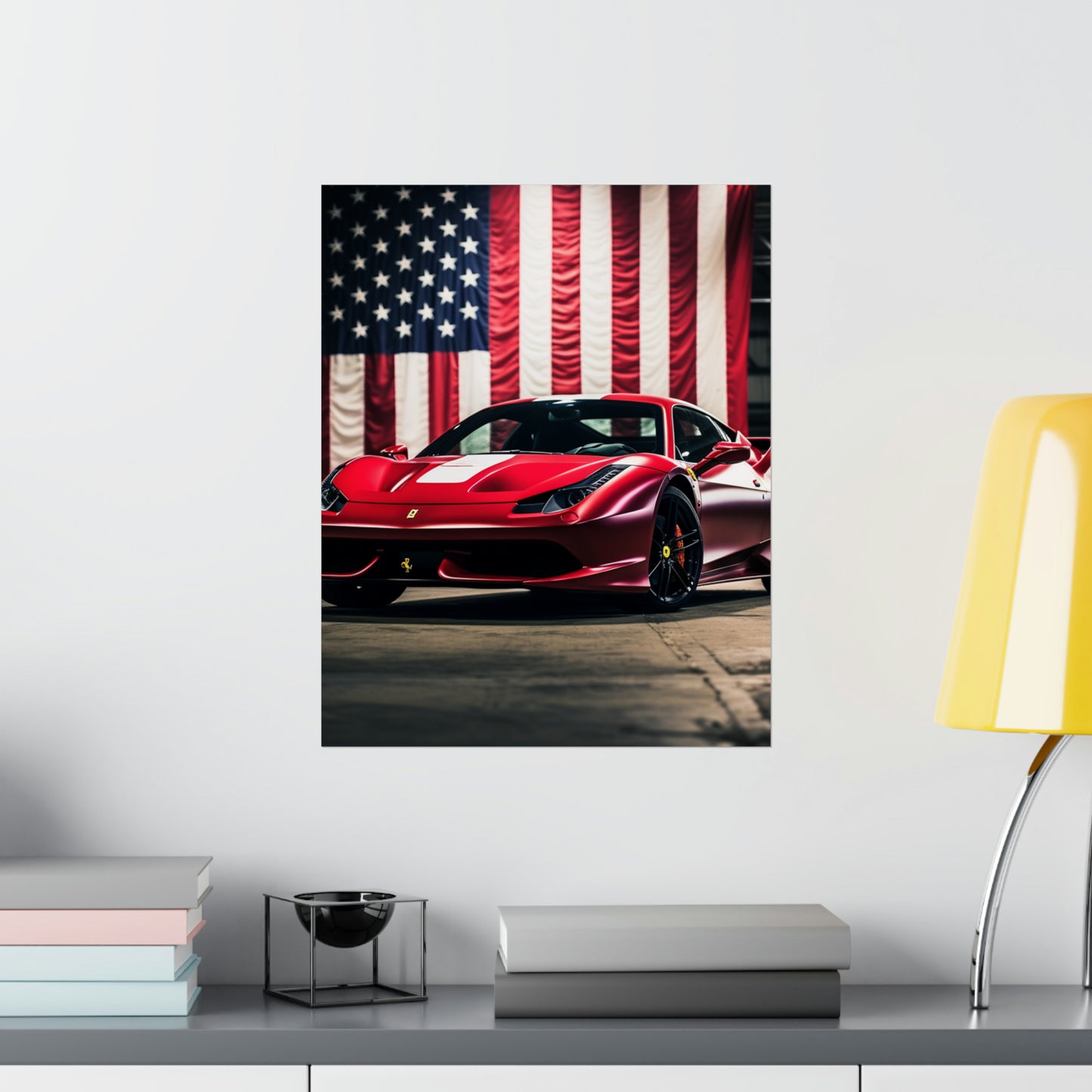 Premium Matte Vertical Posters American Flag Background Ferrari 3