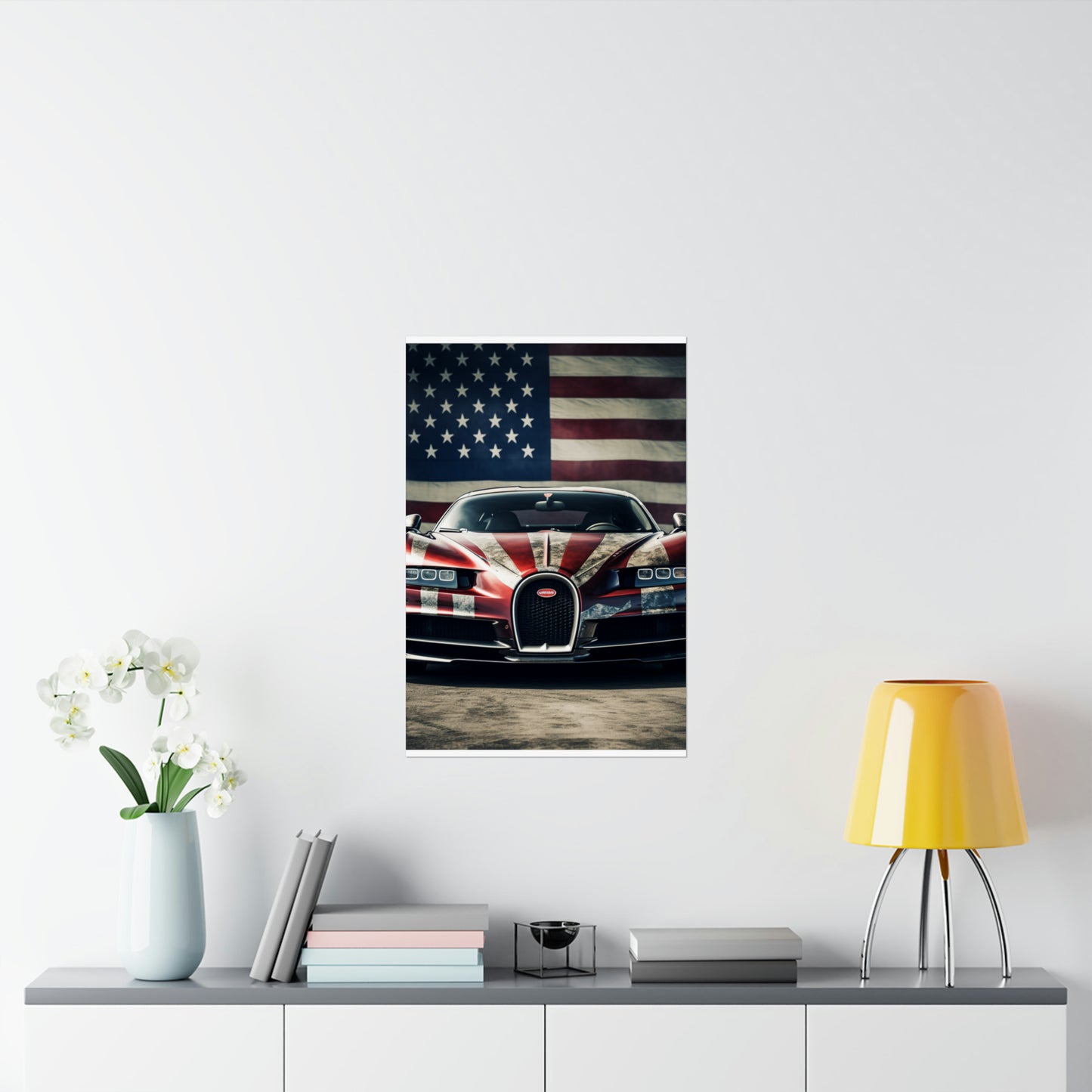 Premium Matte Vertical Posters American Flag Background Bugatti 3