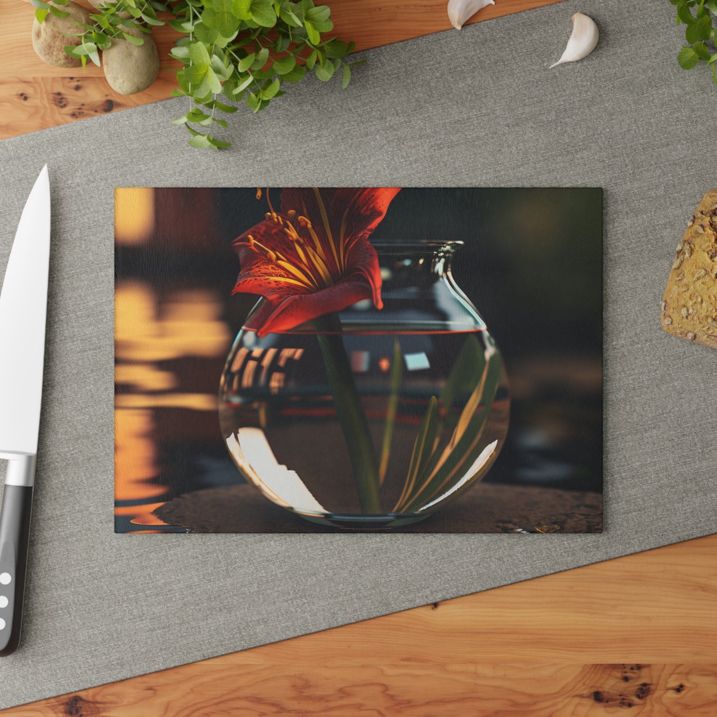 Glass Cutting Board Red Lily in a Glass vase 2