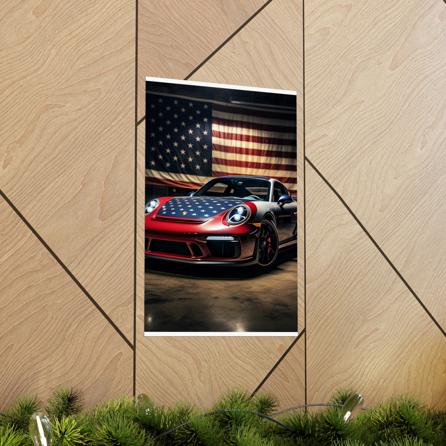 Premium Matte Vertical Posters American Flag Background Porsche 1