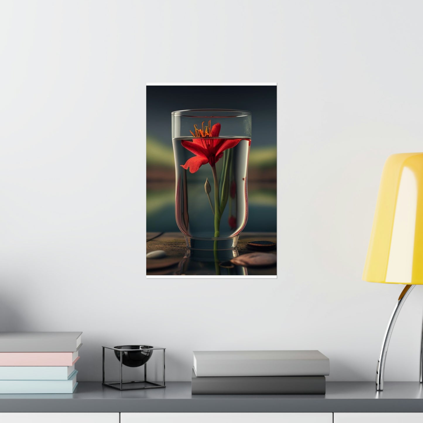 Premium Matte Vertical Posters Red Lily in a Glass vase 1