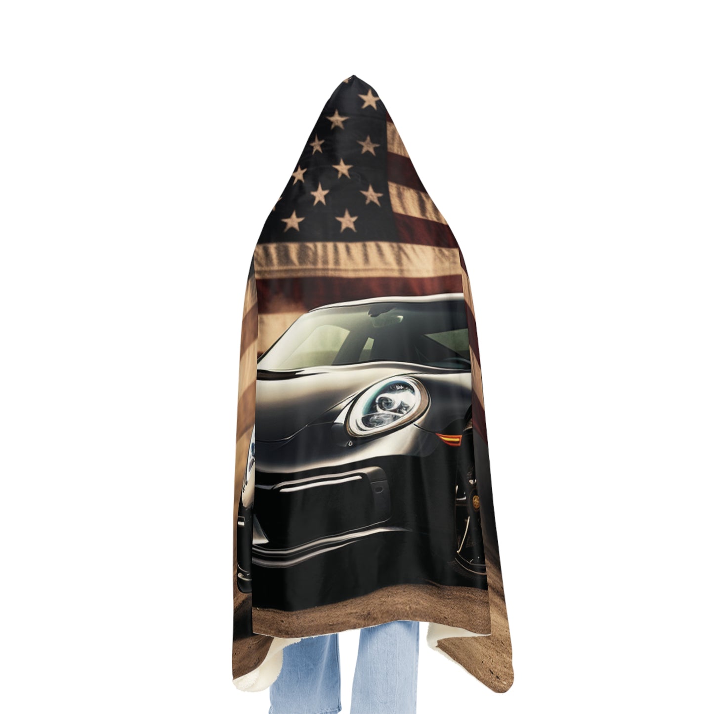 Snuggle Hooded Blanket American Flag Background Porsche 4