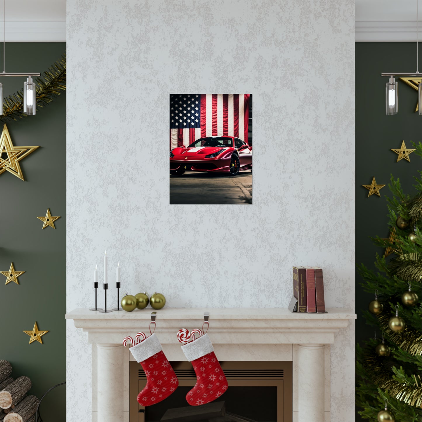 Premium Matte Vertical Posters American Flag Background Ferrari 3