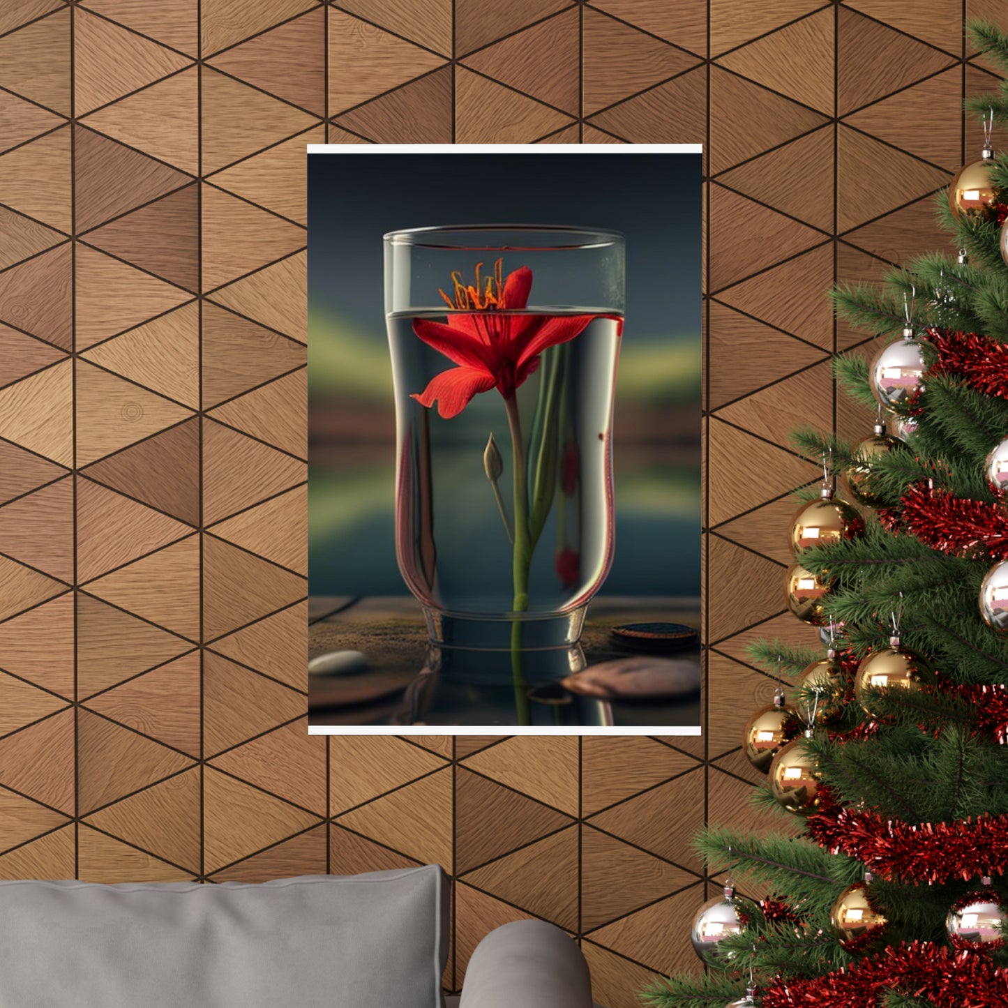 Premium Matte Vertical Posters Red Lily in a Glass vase 1