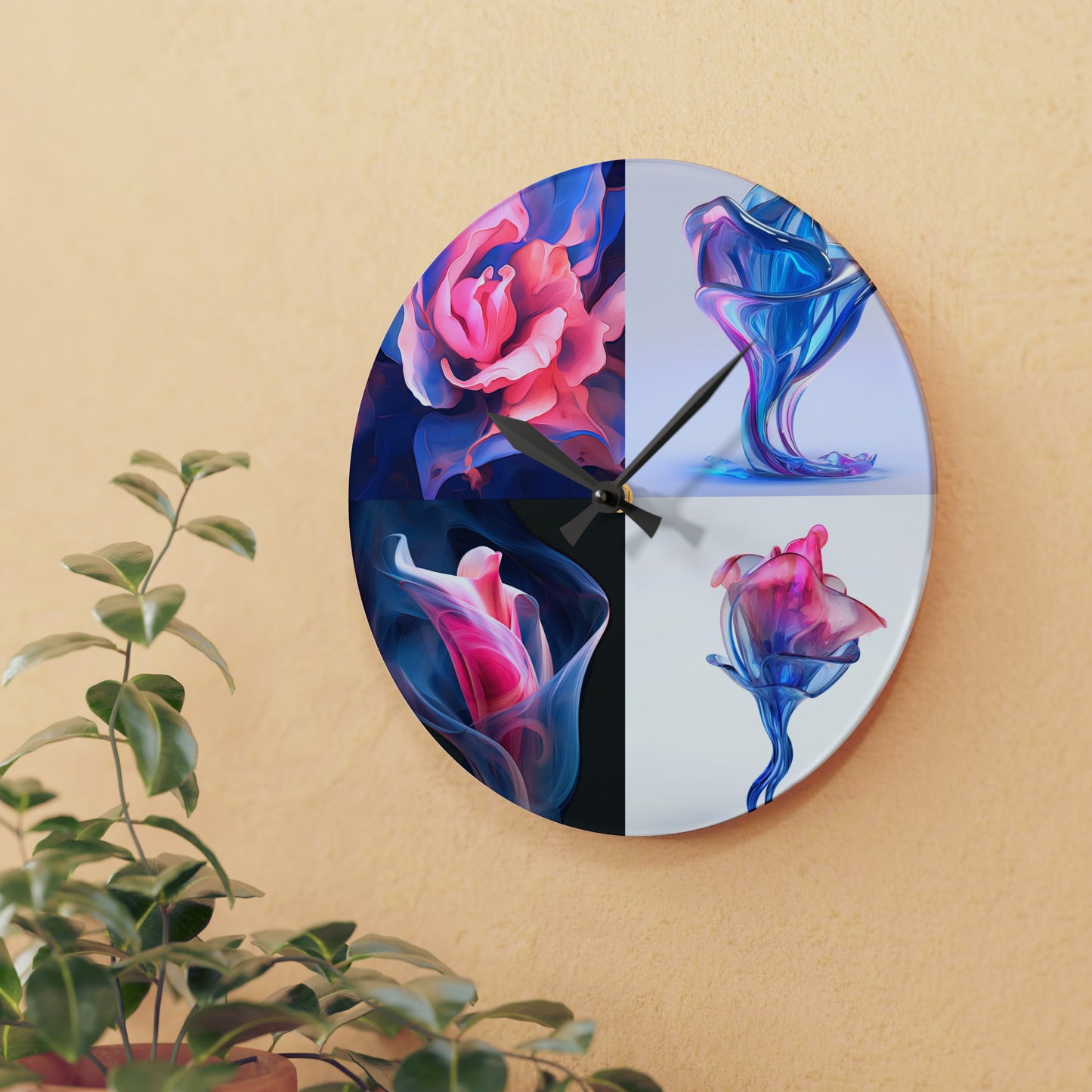 Acrylic Wall Clock Pink & Blue Tulip Rose 5