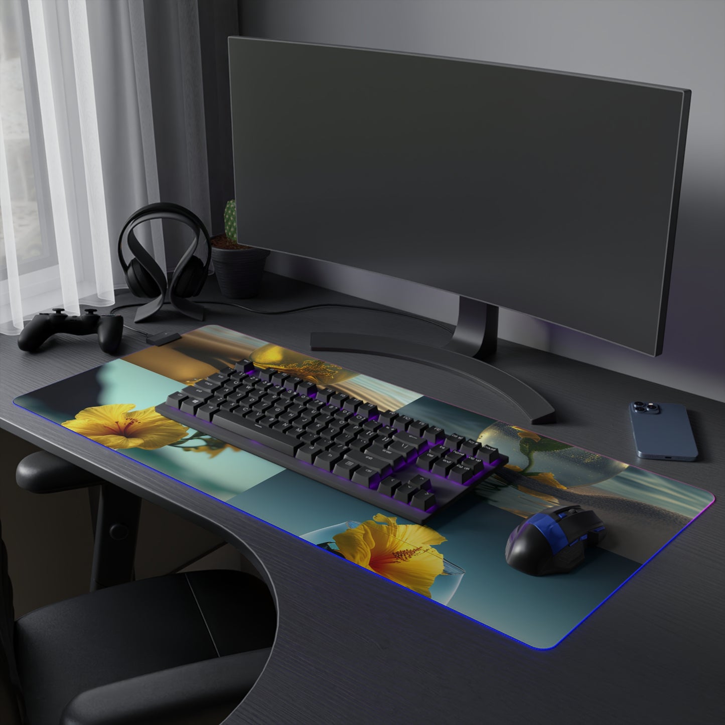 LED Gaming Mouse Pad Yellow Hibiscus glass 5