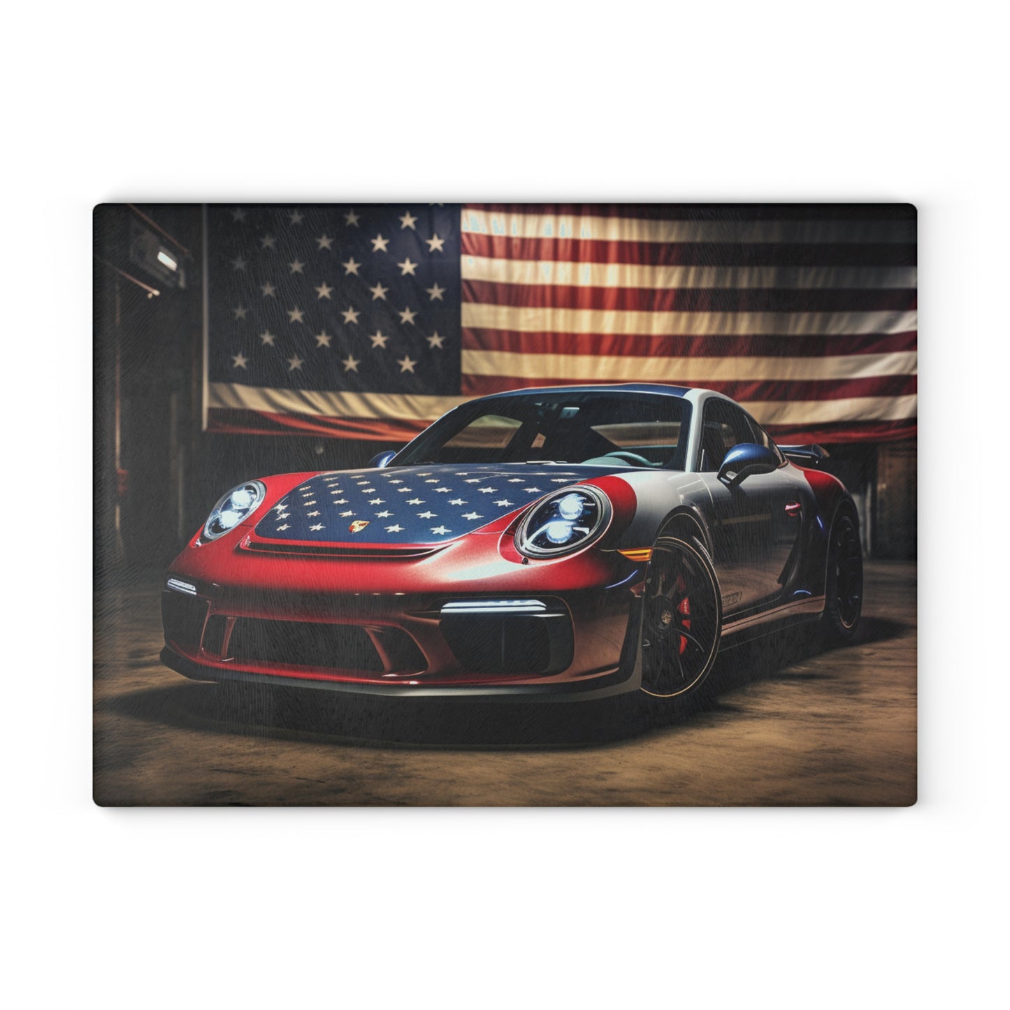 Glass Cutting Board American Flag Background Porsche 1