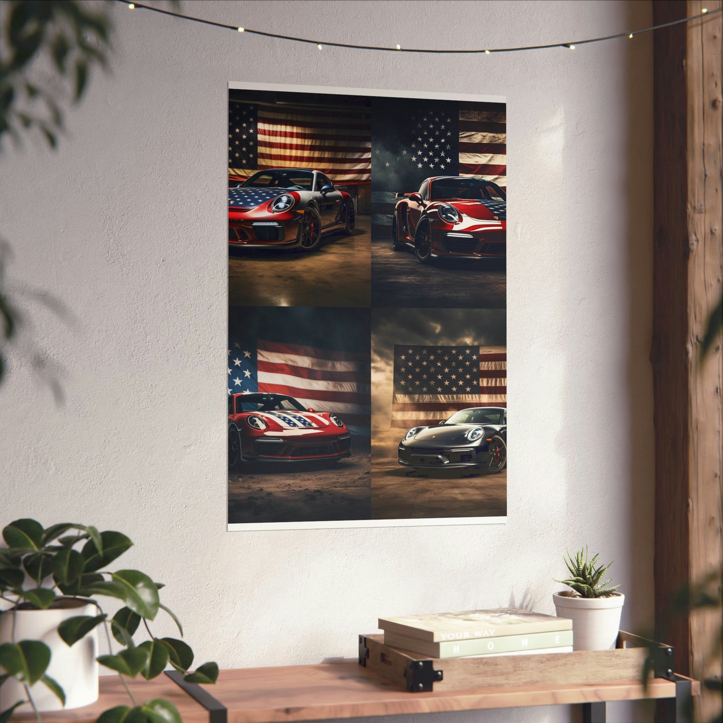 Premium Matte Vertical Posters American Flag Background Porsche 5