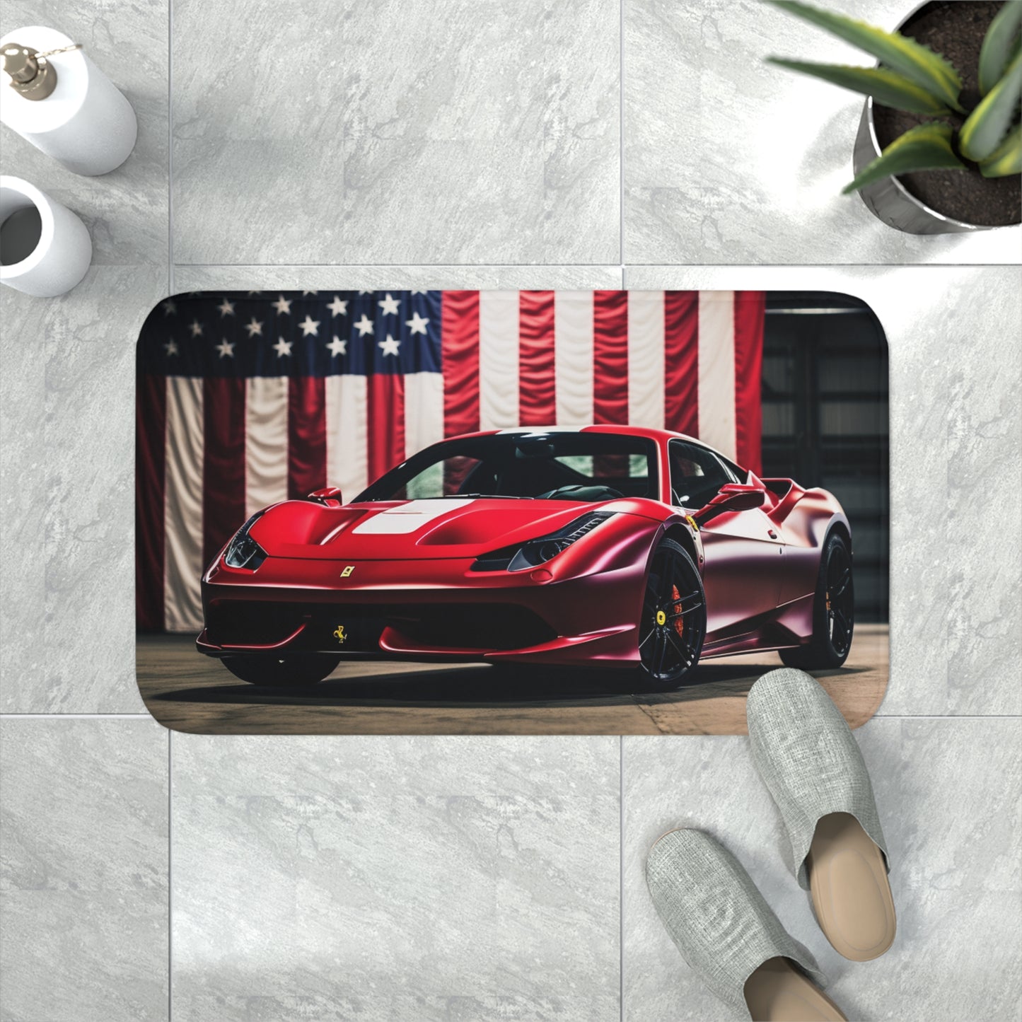 Memory Foam Bath Mat American Flag Background Ferrari 3