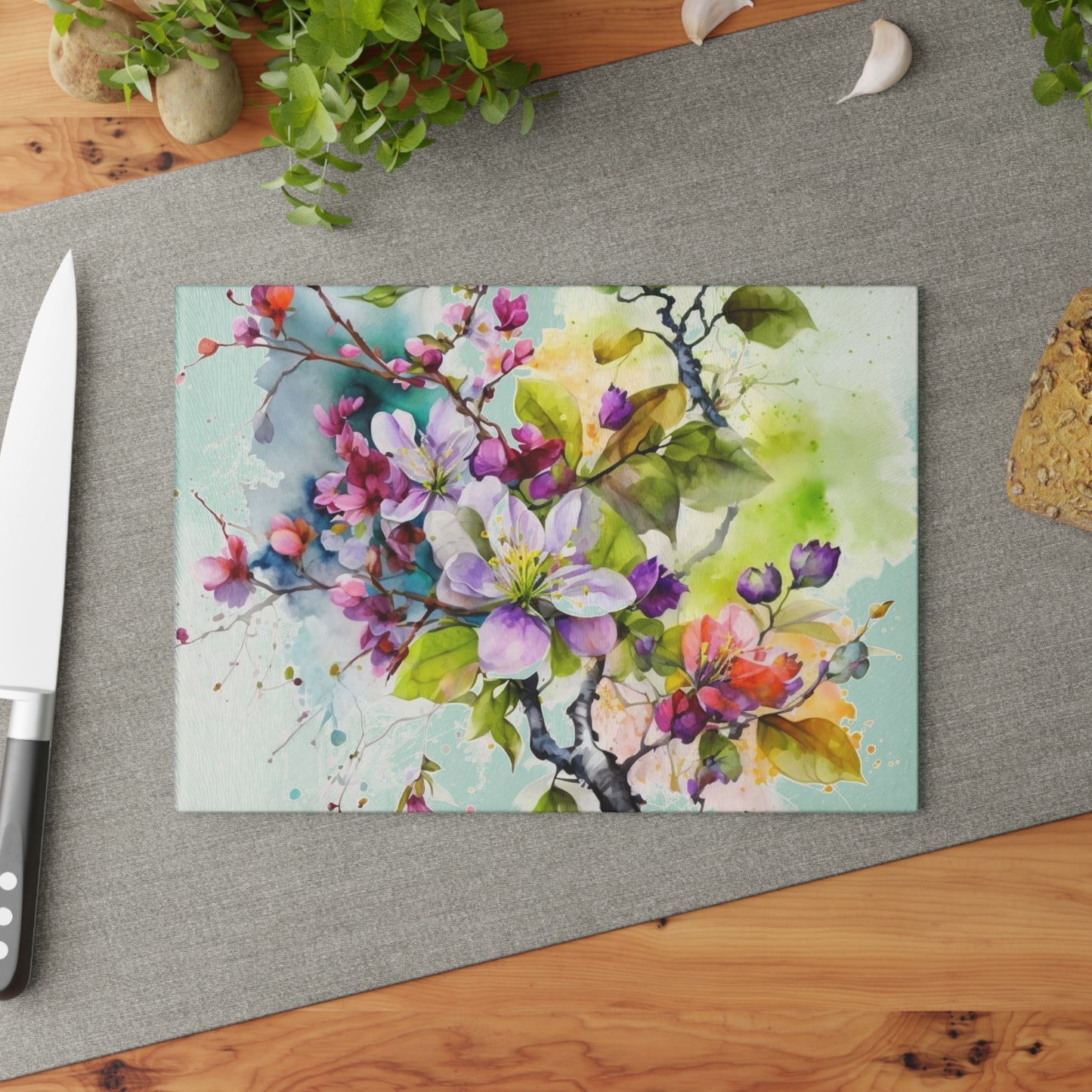 Glass Cutting Board Mother Nature Bright Spring Colors Realistic Watercolor 4