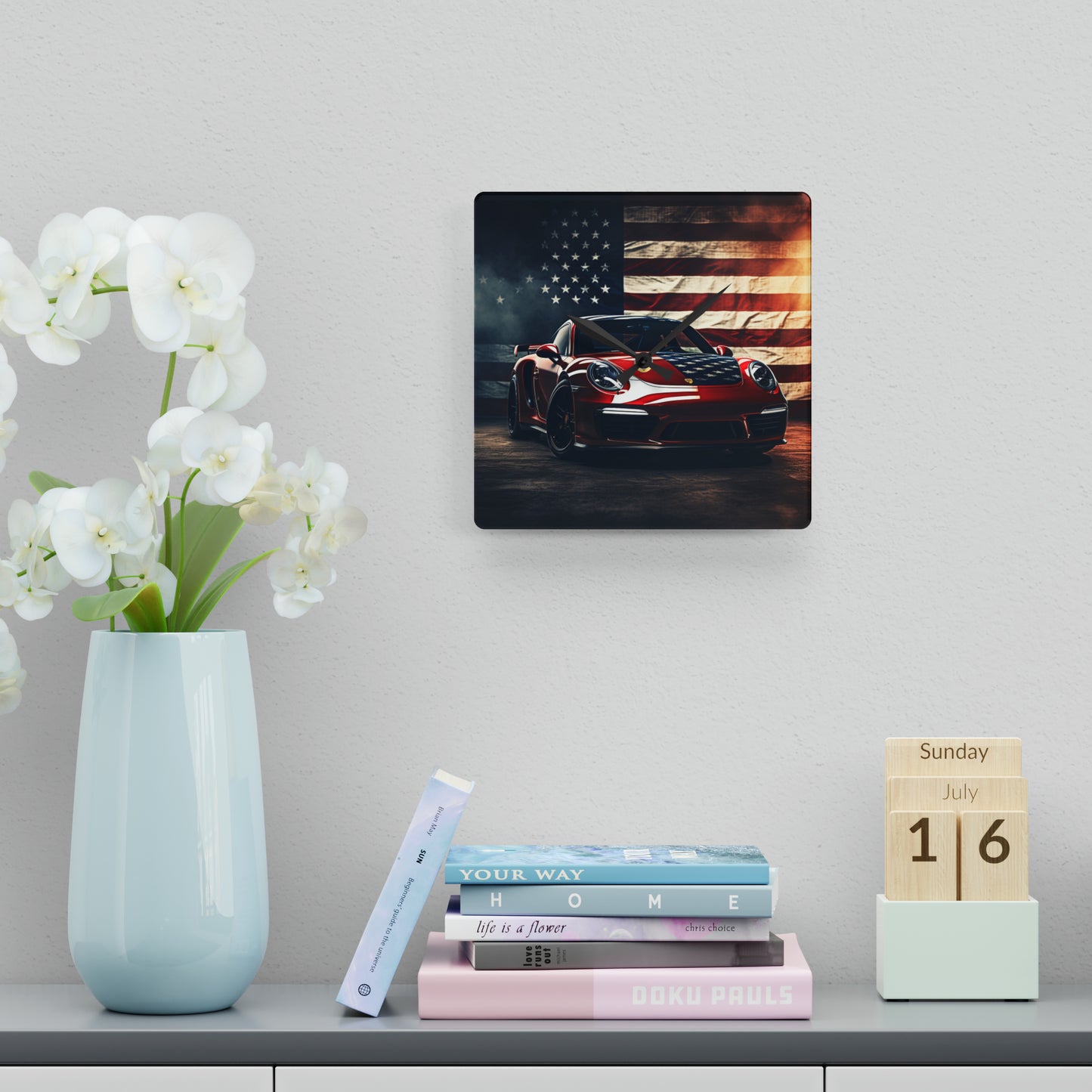 Acrylic Wall Clock American Flag Background Porsche 2