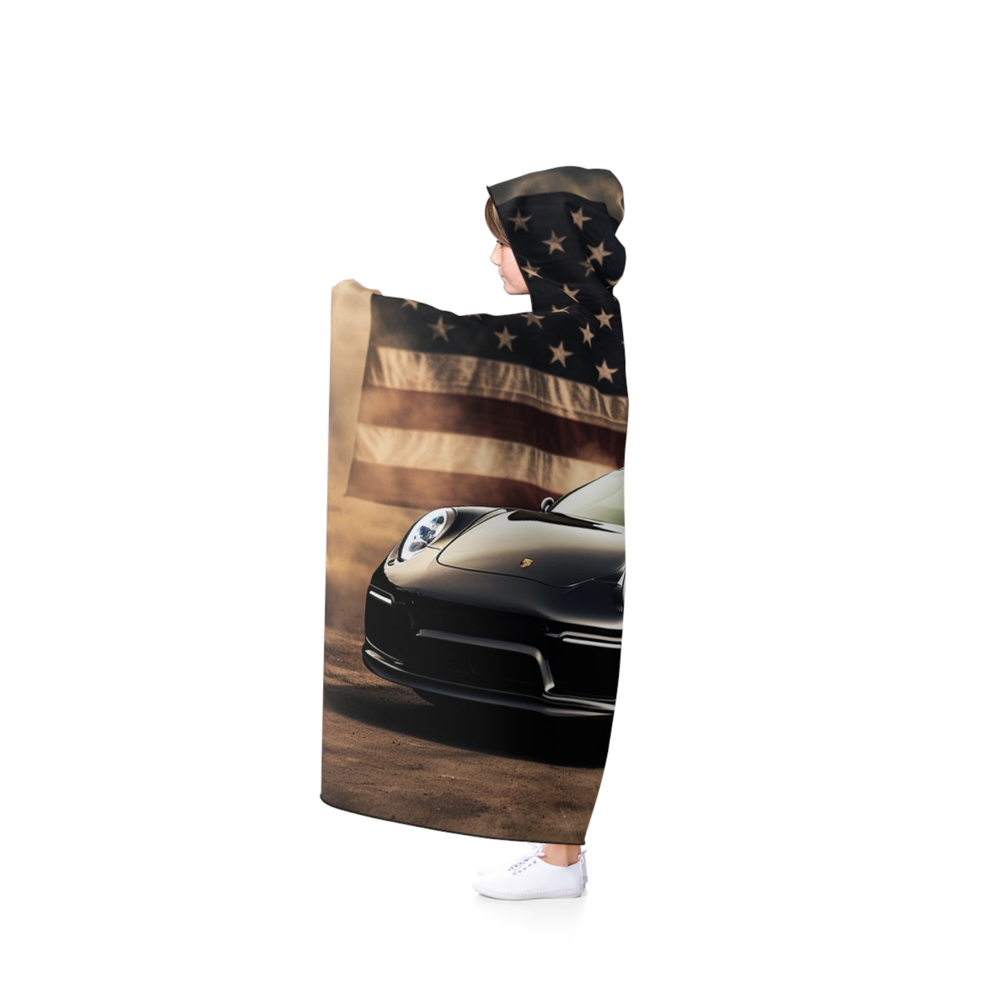 Hooded Blanket American Flag Background Porsche 4