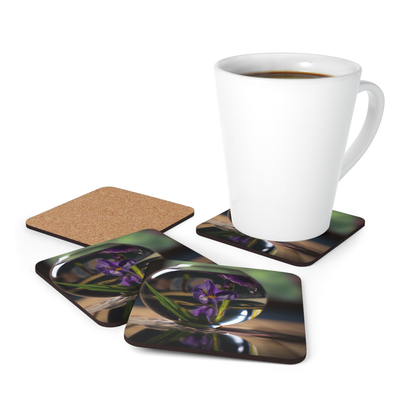 Corkwood Coaster Set Purple Iris in a vase 1